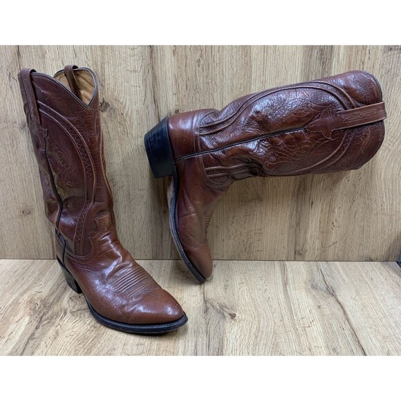 Vtg Dan Post Mens Leather Cowboy Boots Western Ranch Style Brown Size 9 D - Picture 1 of 12